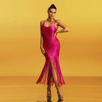 Fashion Strapless Fringe Satin Maxi Dress H7158