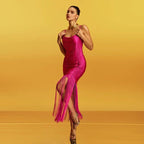 Fashion Strapless Fringe Satin Maxi Dress H7158