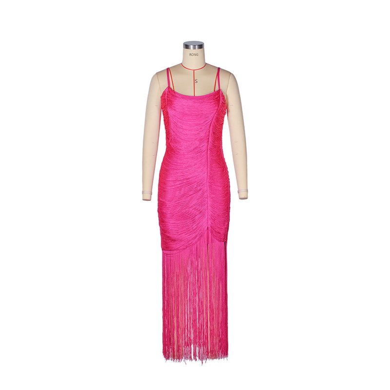 Fashion Strapless Fringe Satin Maxi Dress H7158