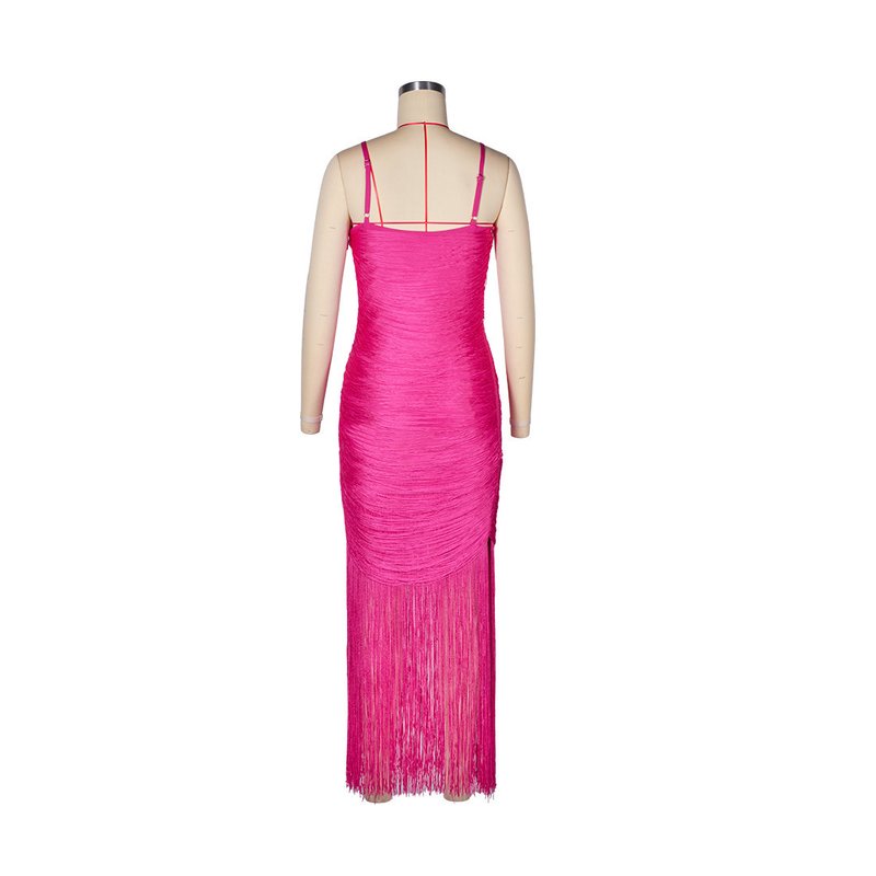 Fashion Strapless Fringe Satin Maxi Dress H7158