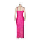 Fashion Strapless Fringe Satin Maxi Dress H7158