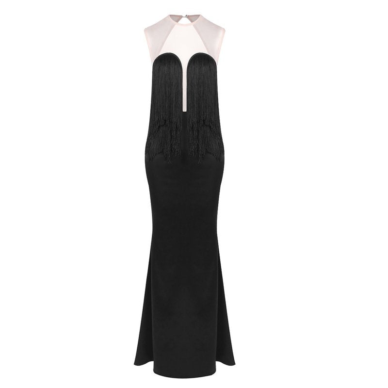 Fashion Strapless Fringe Satin Maxi Dress H7151