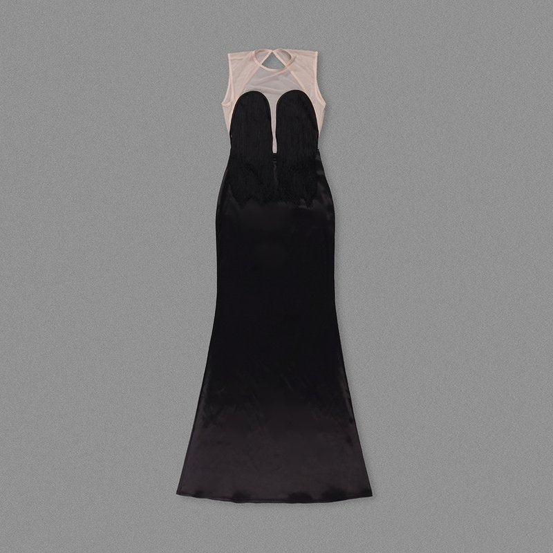 Fashion Strapless Fringe Satin Maxi Dress H7151