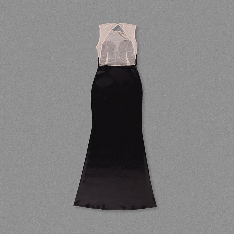 Fashion Strapless Fringe Satin Maxi Dress H7151