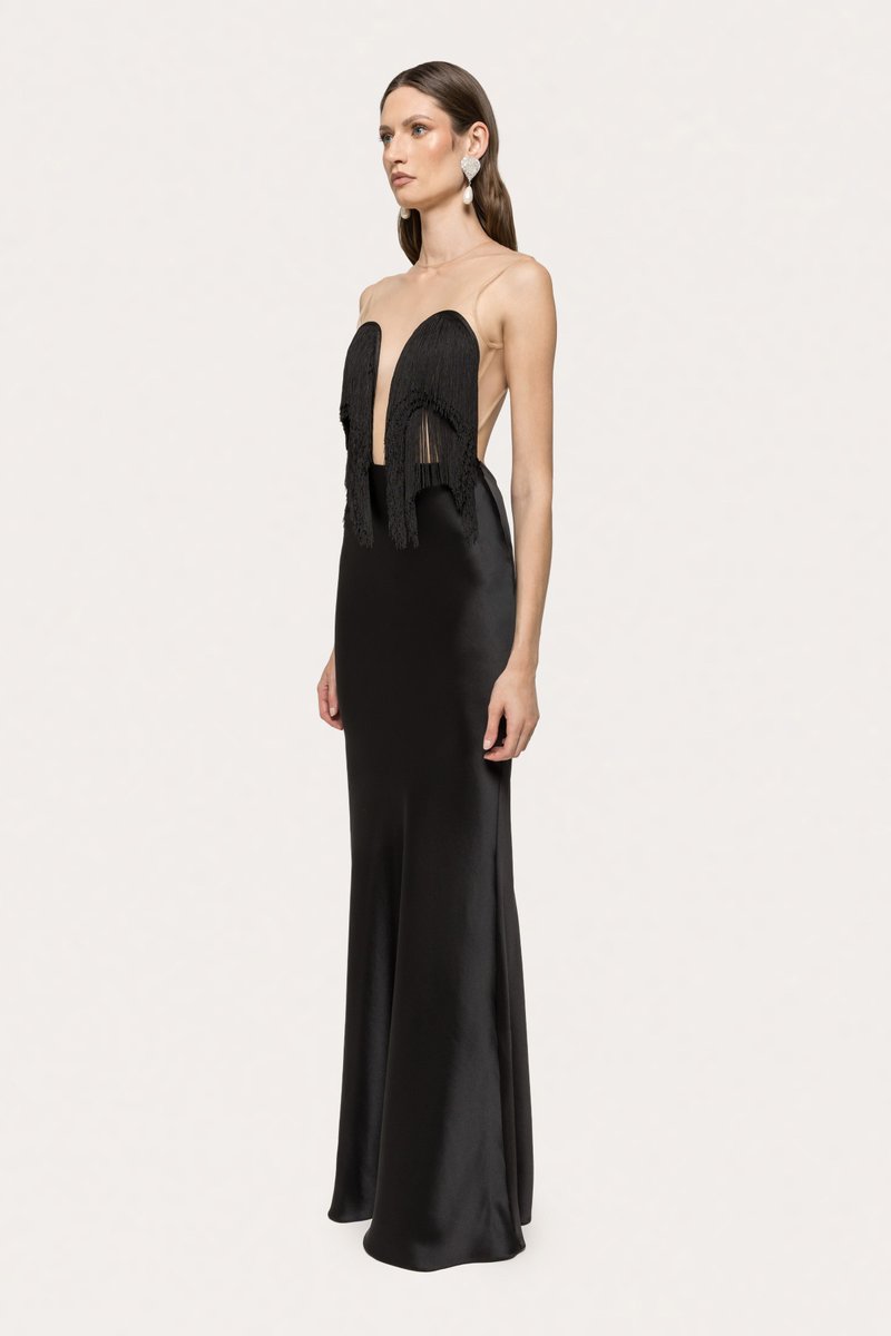 Strapless Fringe Satin Maxi Dress H7152