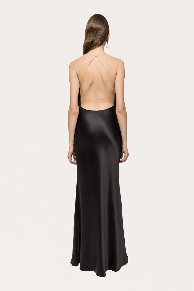 Strapless Fringe Satin Maxi Dress H7152