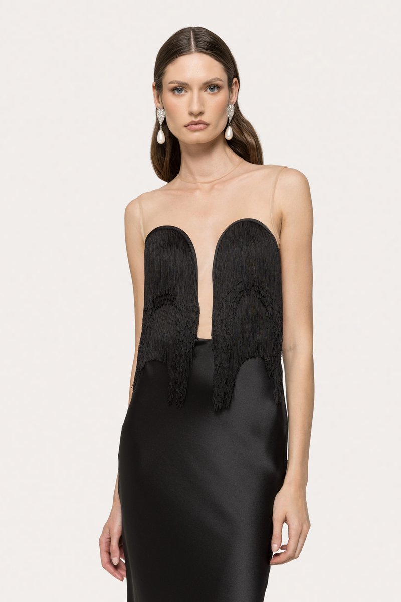 Strapless Fringe Satin Maxi Dress H7152