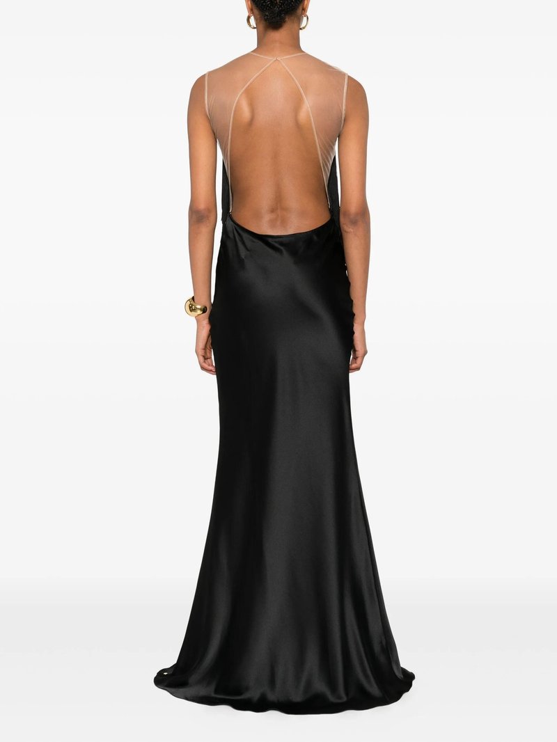 Strapless Fringe Satin Maxi Dress H7152