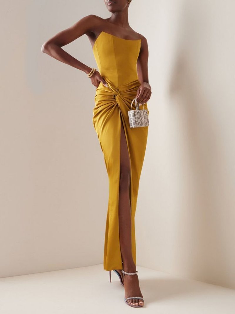 Strapless Gold Satin Maxi Dress H6341