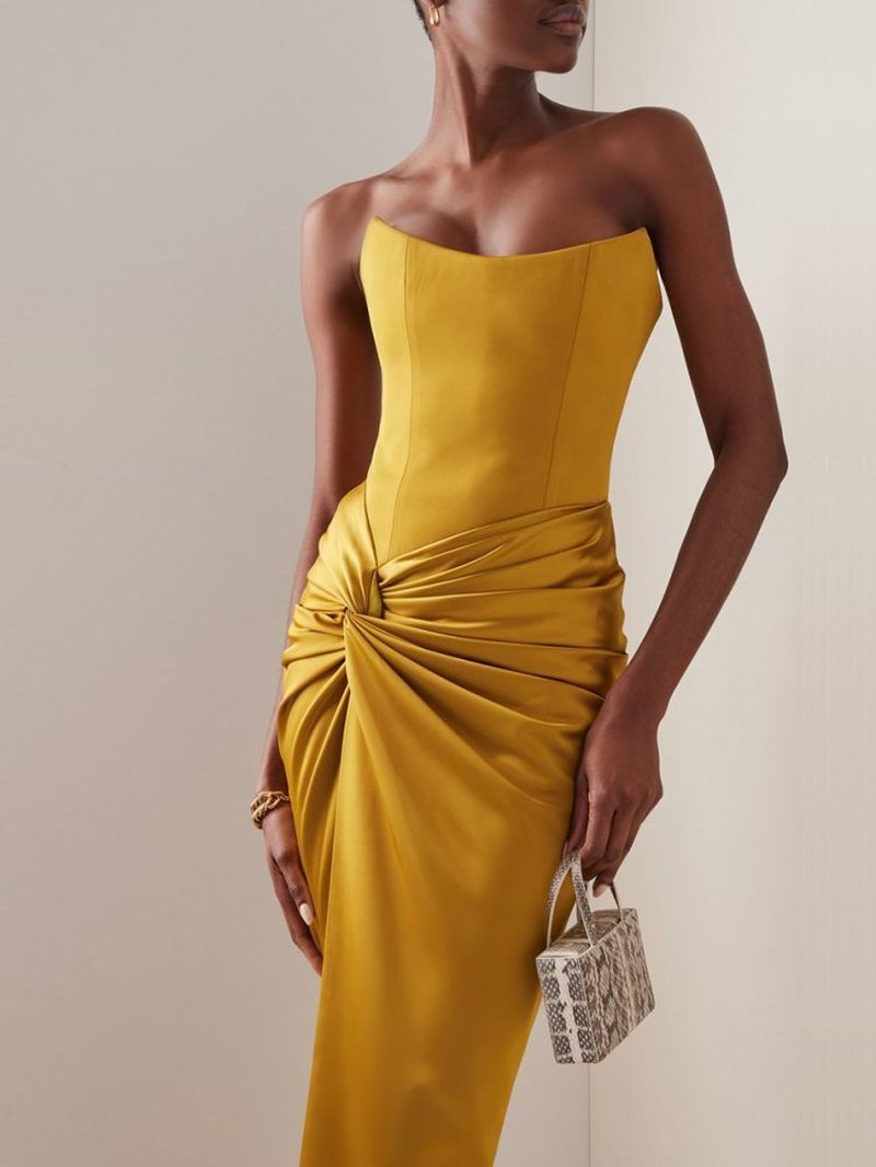 Strapless Gold Satin Maxi Dress H6341