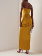 Strapless Gold Satin Maxi Dress H6341