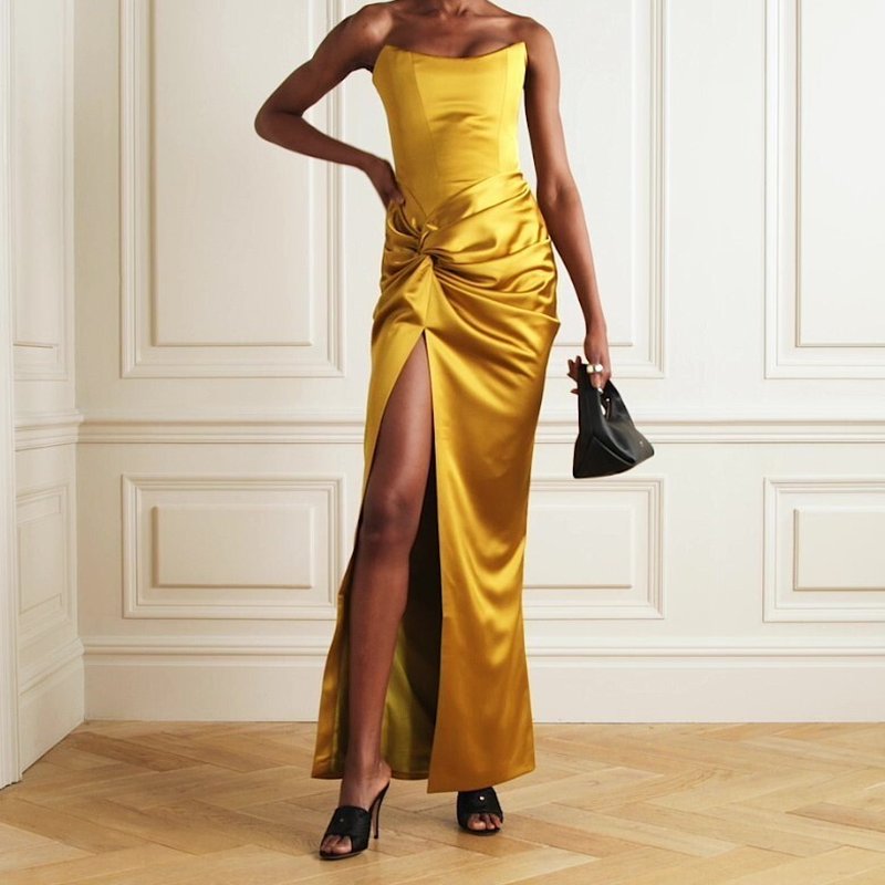 Strapless Gold Satin Maxi Dress H6341