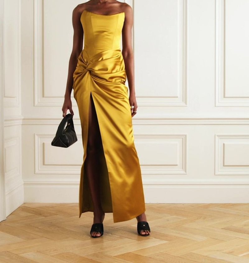 Strapless Gold Satin Maxi Dress H6341