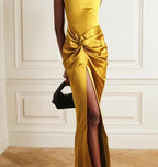 Strapless Gold Satin Maxi Dress H6341