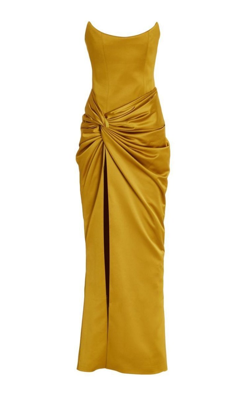 Strapless Gold Satin Maxi Dress H6341