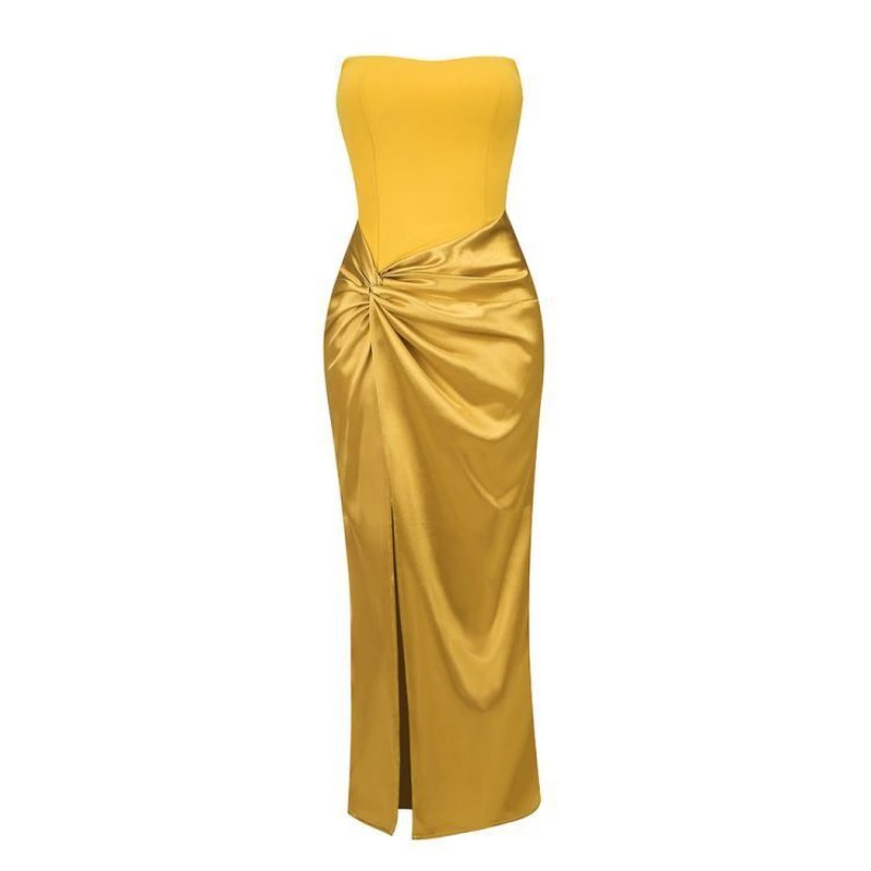 Strapless Gold Satin Maxi Dress H6341