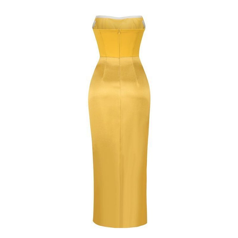 Strapless Gold Satin Maxi Dress H6341
