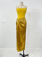 Strapless Gold Satin Maxi Dress H6341