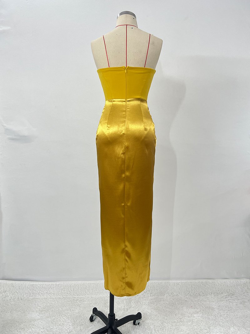 Strapless Gold Satin Maxi Dress H6341