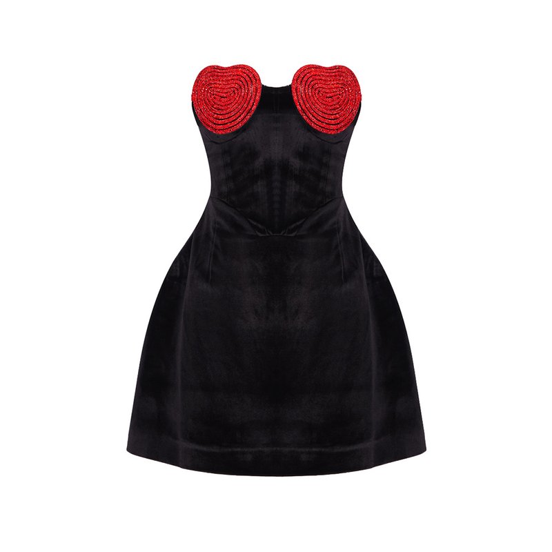 Strapless Heart Embellished Velvet Mini Dress H6011
