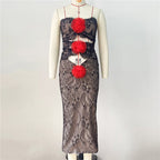 Strapless Lace Midi Dress with Red Pom-Poms H6303