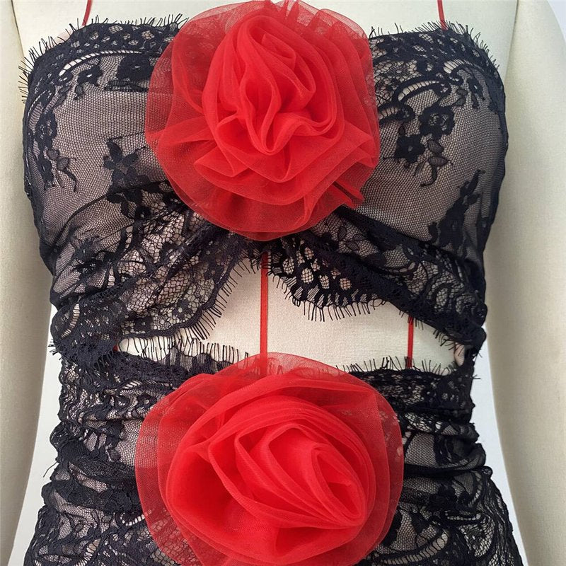 Strapless Lace Midi Dress with Red Pom-Poms H6303