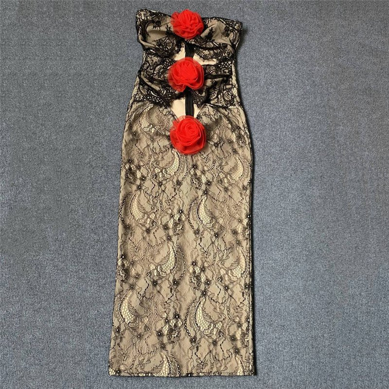 Strapless Lace Midi Dress with Red Pom-Poms H6303