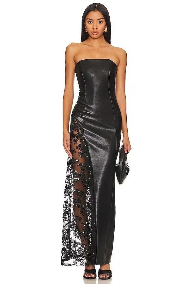 Strapless Lace Panel Leather Maxi Dress H6583
