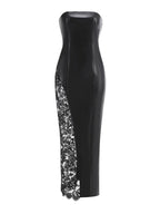 Strapless Lace Panel Leather Maxi Dress H6583