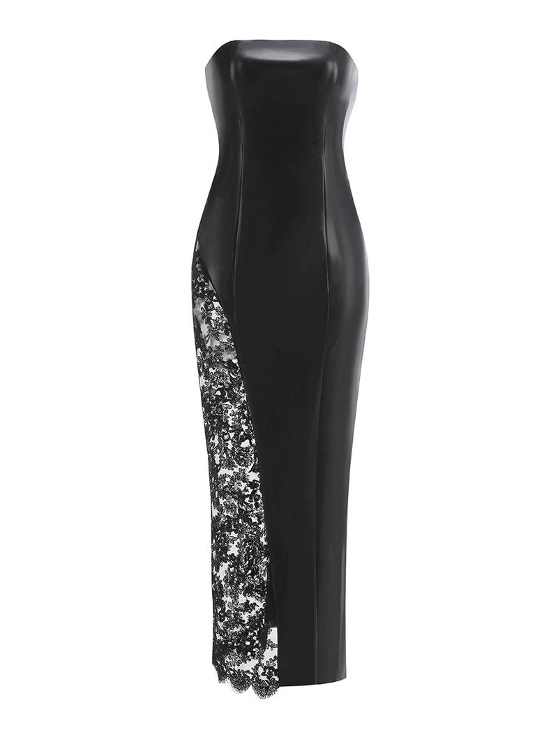 Strapless Lace Panel Leather Maxi Dress H6583
