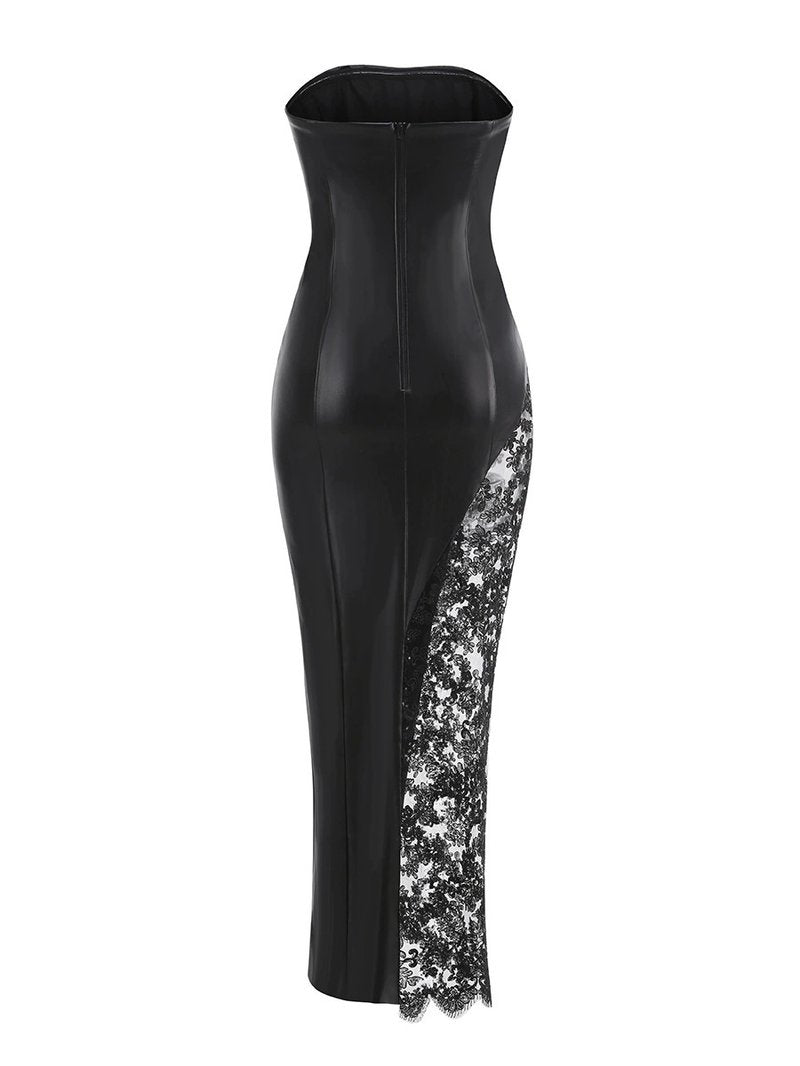 Strapless Lace Panel Leather Maxi Dress H6583