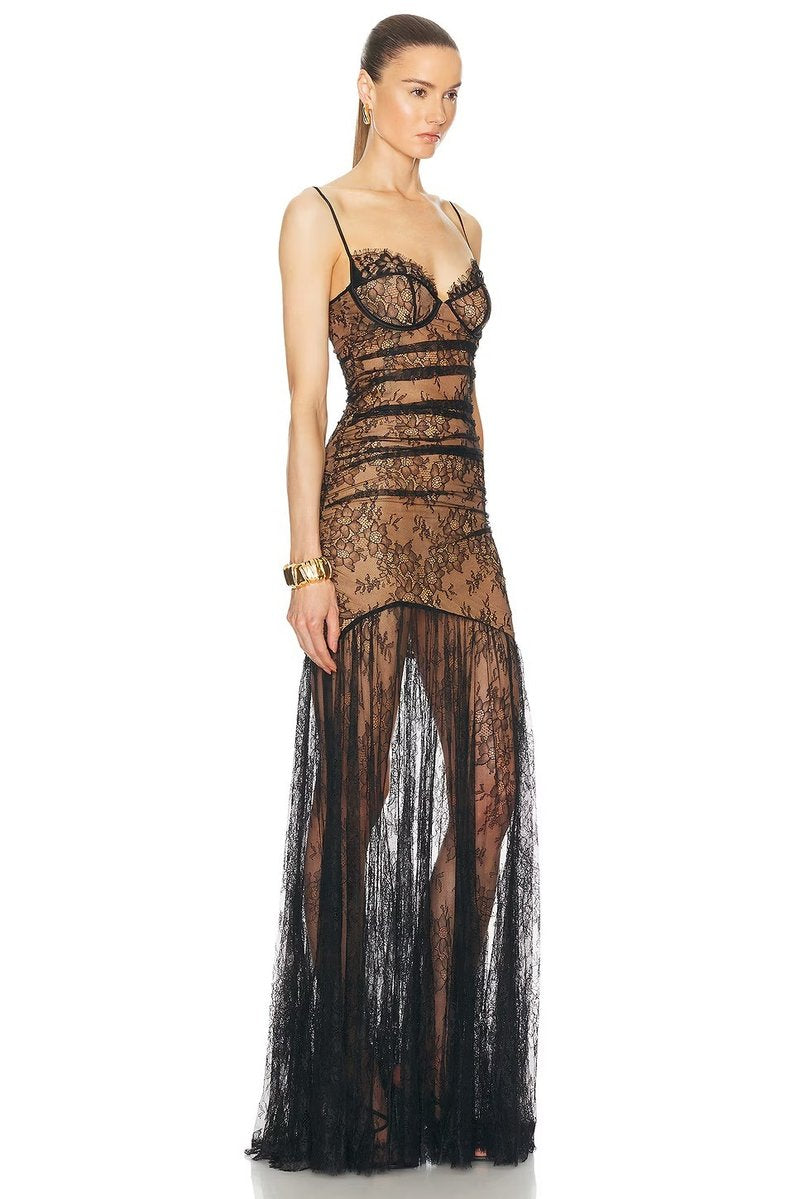 Strapless Lace Sheer Maxi Dress H6509