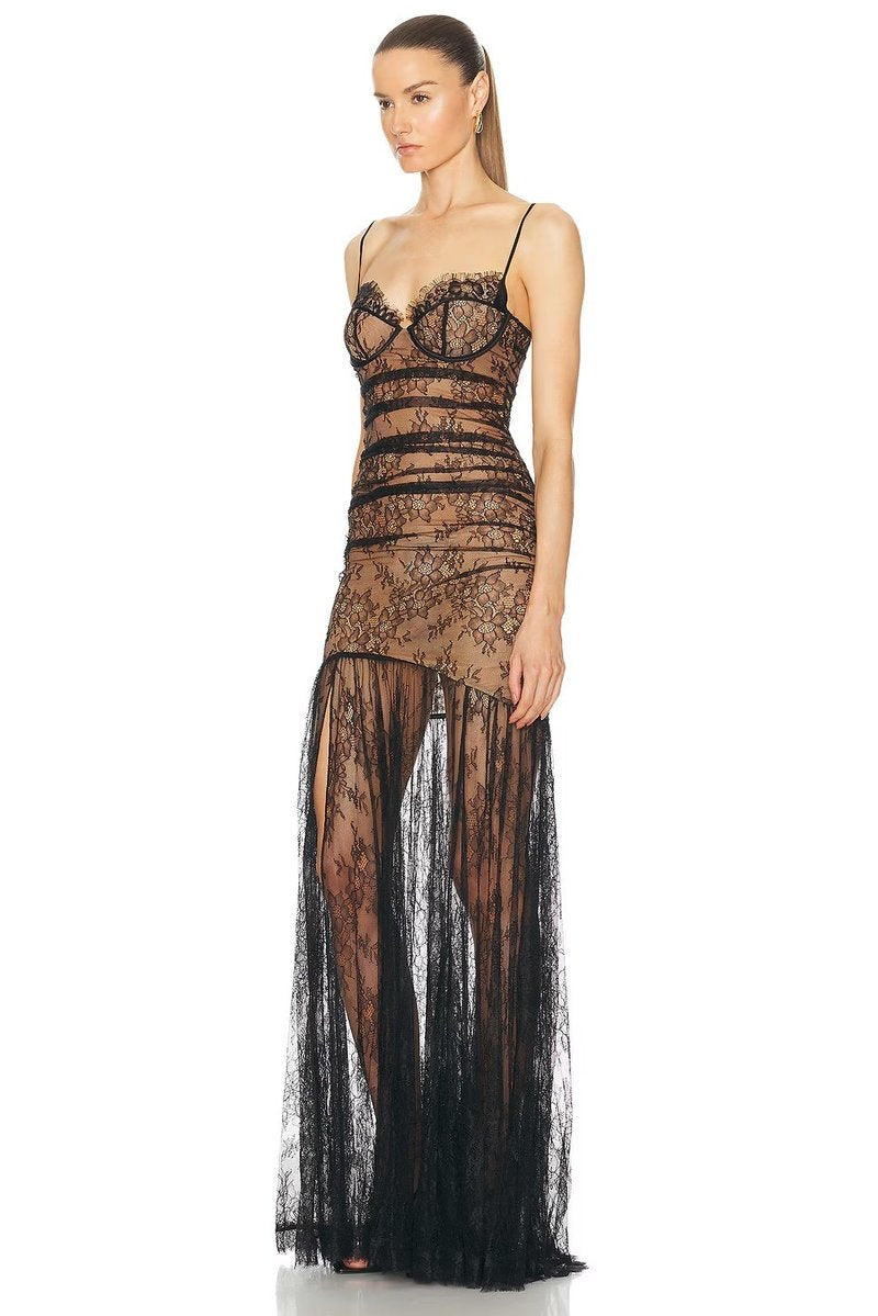 Strapless Lace Sheer Maxi Dress H6509