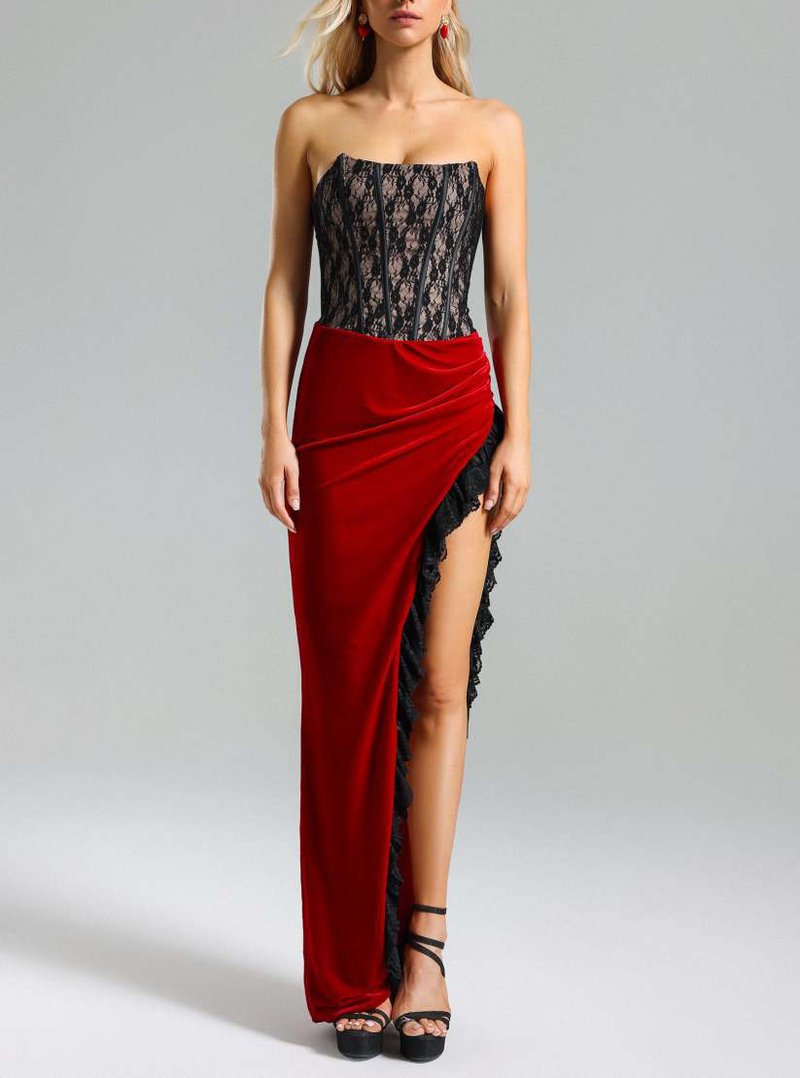 Strapless Lace Velvet Maxi Dress H6400