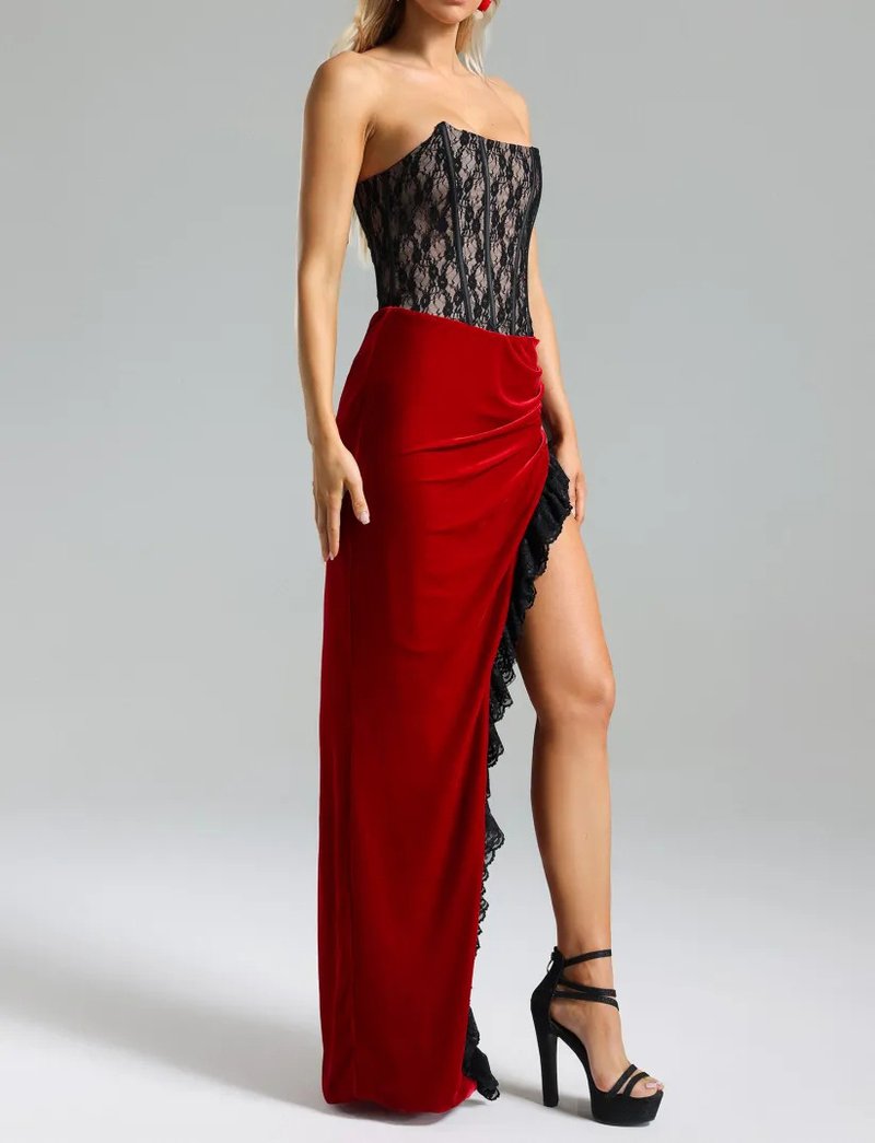Strapless Lace Velvet Maxi Dress H6400