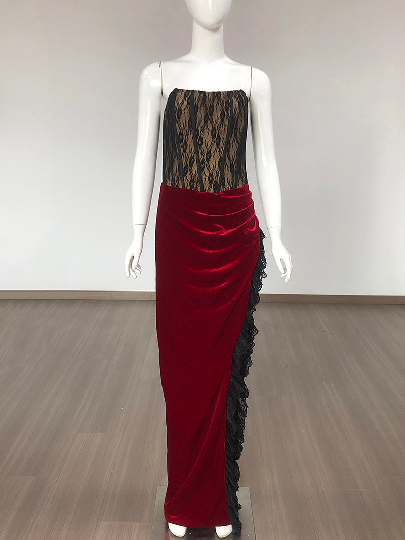 Strapless Lace Velvet Maxi Dress H6400