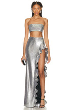 Strapless Metallic Ruffle Maxi Dress H5732