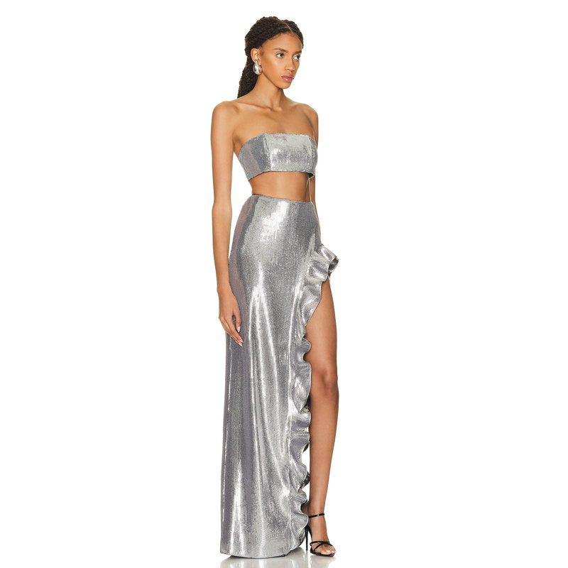 Strapless Metallic Ruffle Maxi Dress H5732