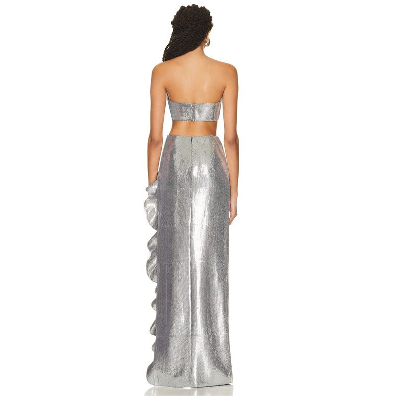 Strapless Metallic Ruffle Maxi Dress H5732