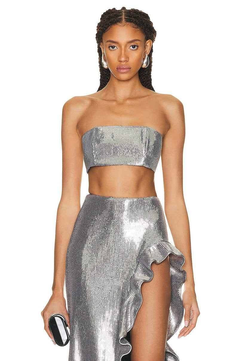 Strapless Metallic Ruffle Maxi Dress H5732