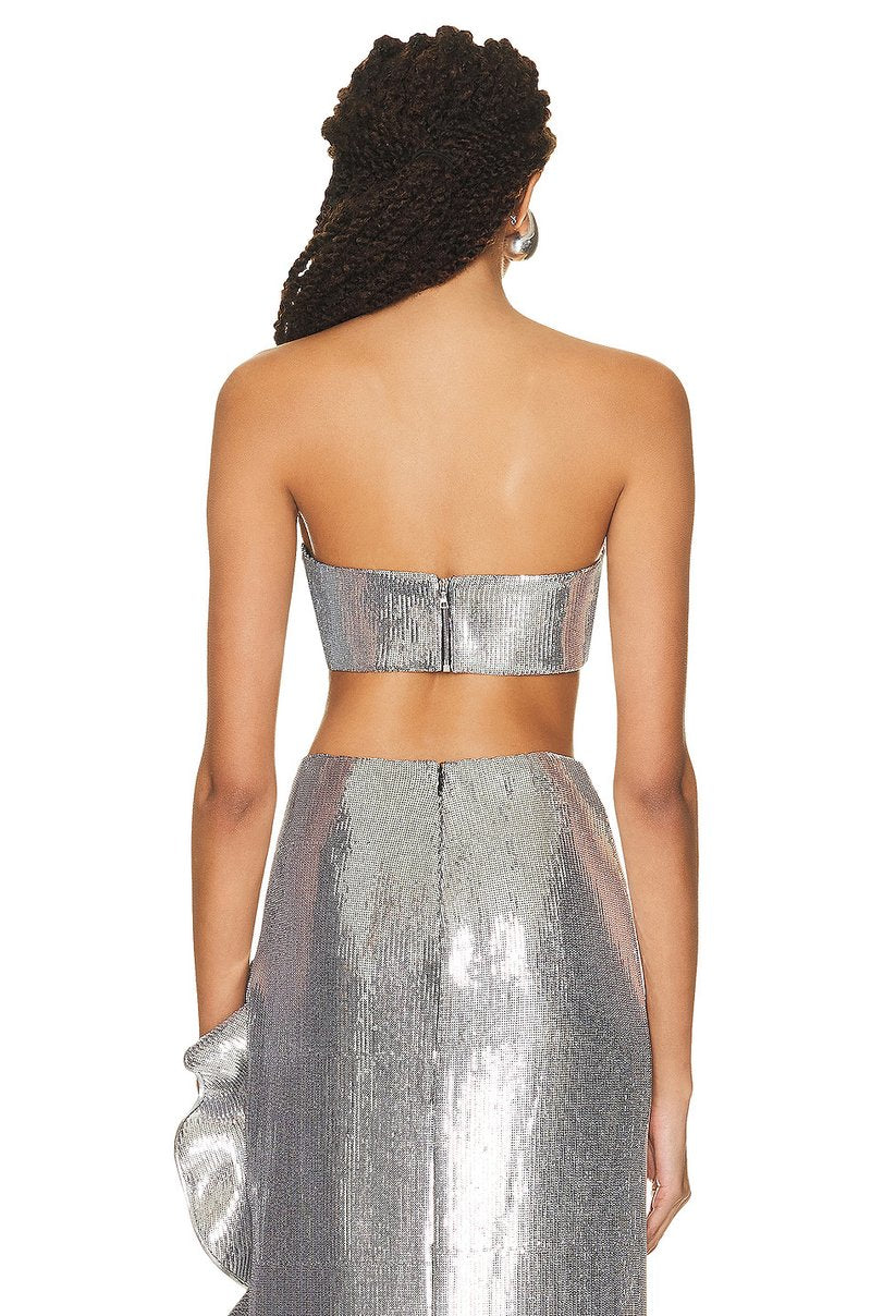 Strapless Metallic Ruffle Maxi Dress H5732