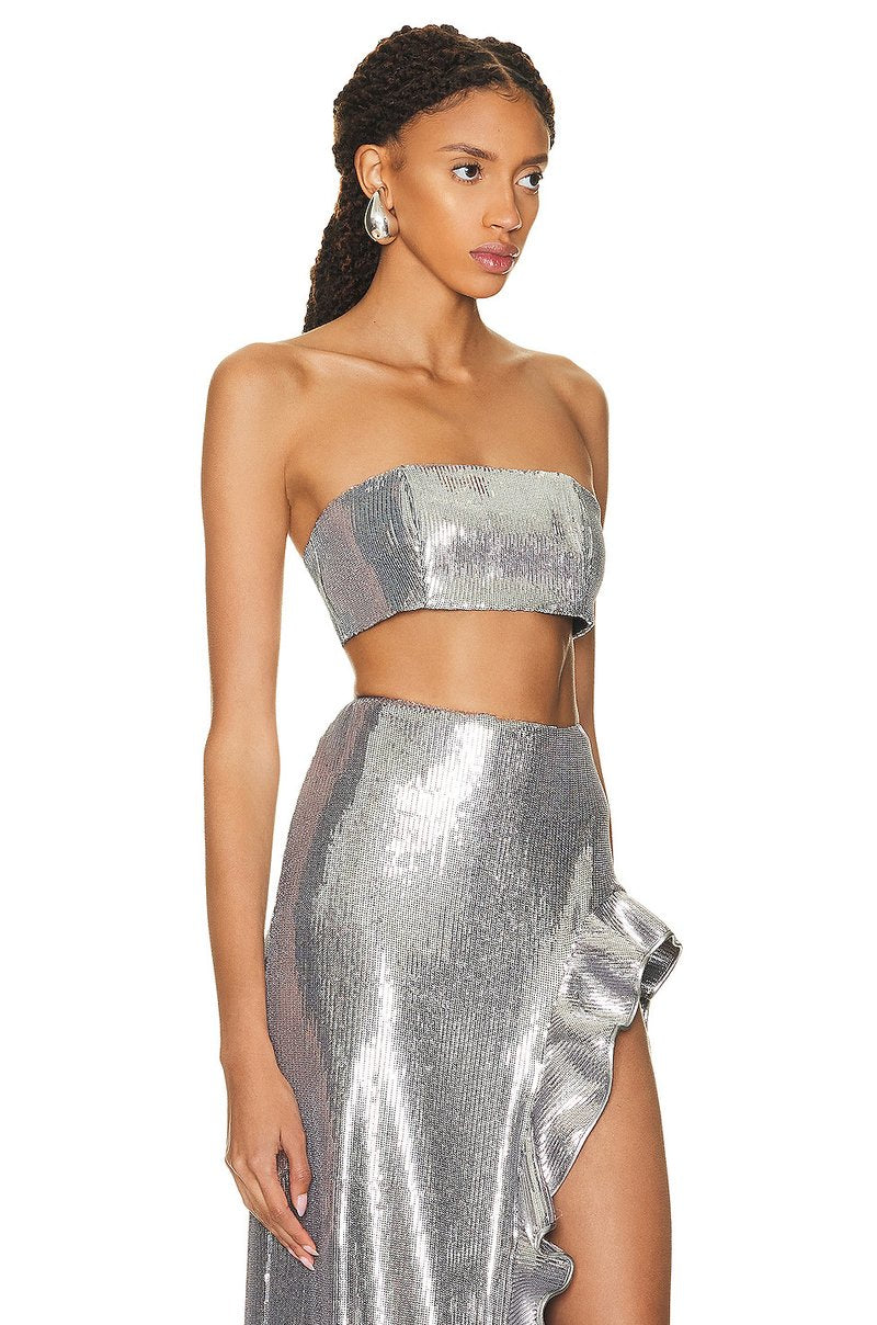 Strapless Metallic Ruffle Maxi Dress H5732