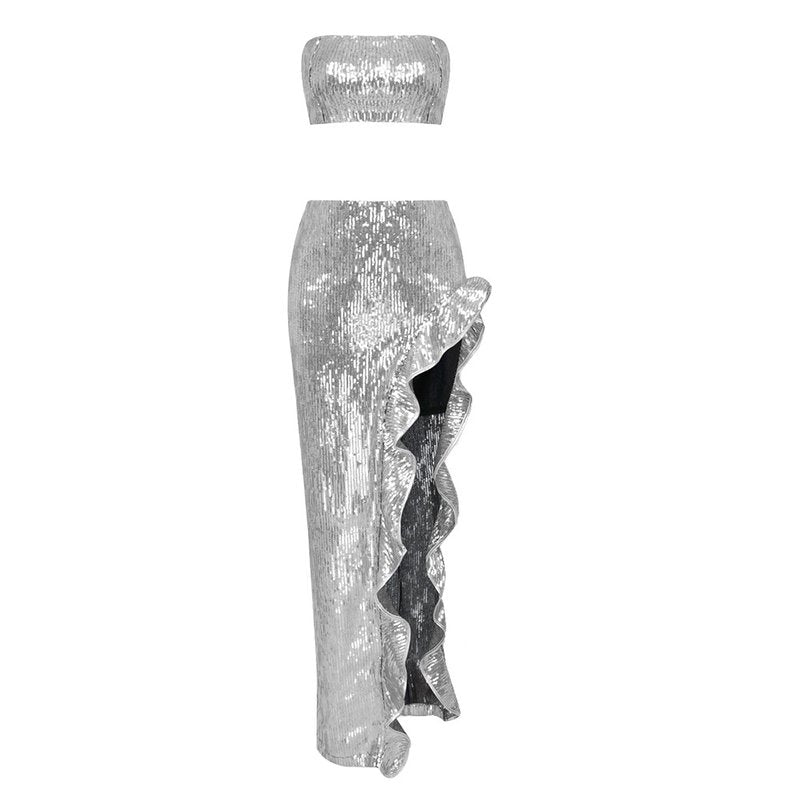 Strapless Metallic Ruffle Maxi Dress H5732