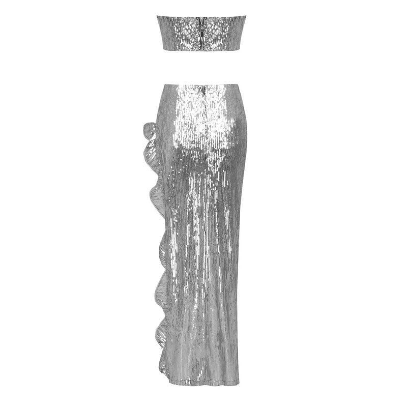 Strapless Metallic Ruffle Maxi Dress H5732