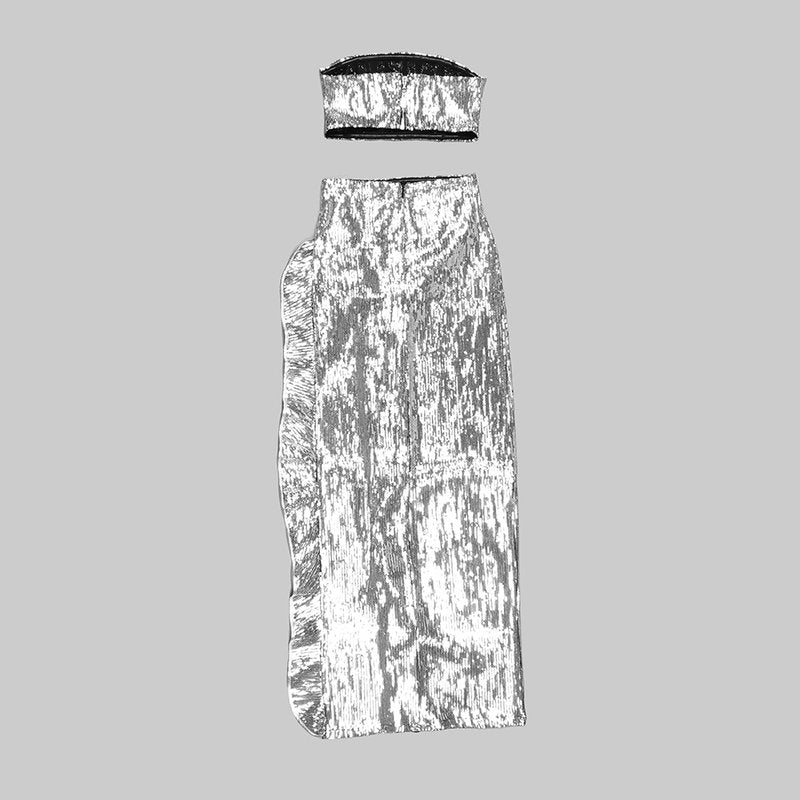 Strapless Metallic Ruffle Maxi Dress H5732