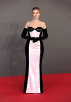 Strapless Ombre Satin Gown with Black Velvet Sleeves H6466