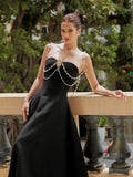 Strapless Pearl Chain Black Gown H7007