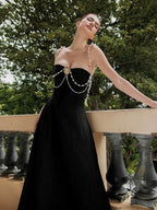 Strapless Pearl Chain Black Gown H7007