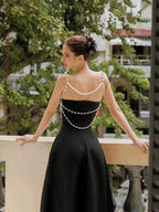 Strapless Pearl Chain Black Gown H7007