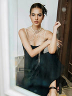 Strapless Pearl Chain Black Gown H7007